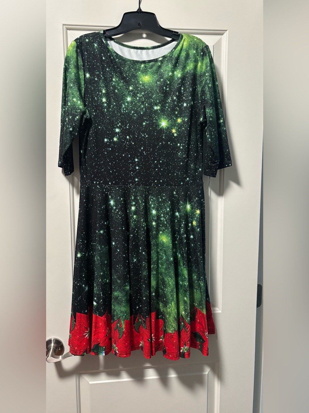 Fun Christmas season Galaxy Print Fit & Flare Dress with Red Poinsettia
